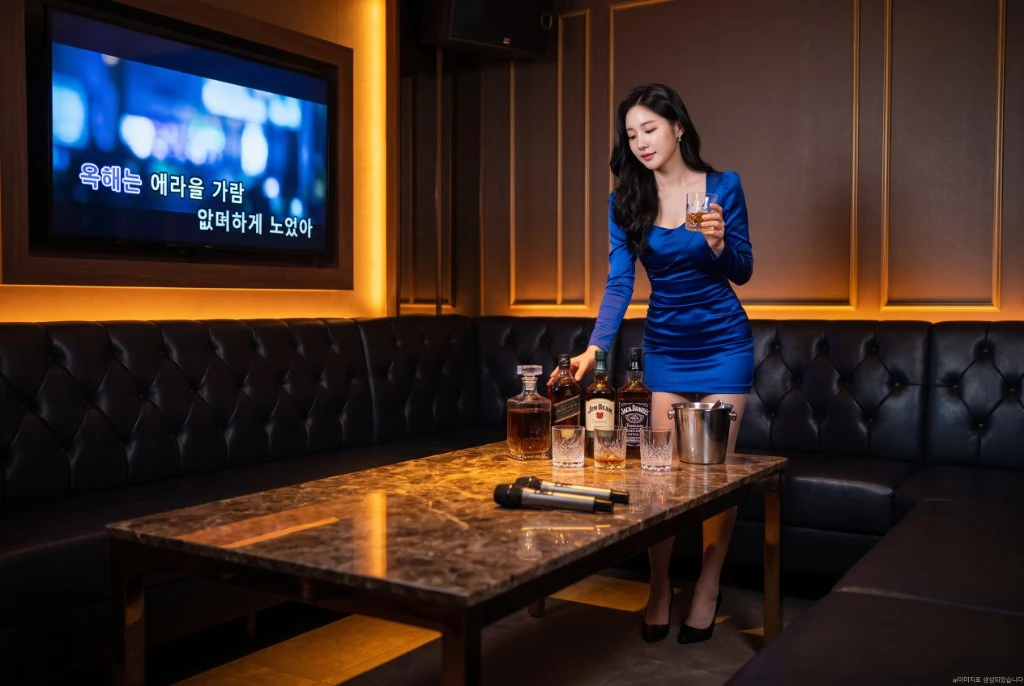 체스터필드 가죽 소파와 대리석 테이블에 위스키 병과 아이스 버킷, 무선 마이크가 놓인 룸 내부.